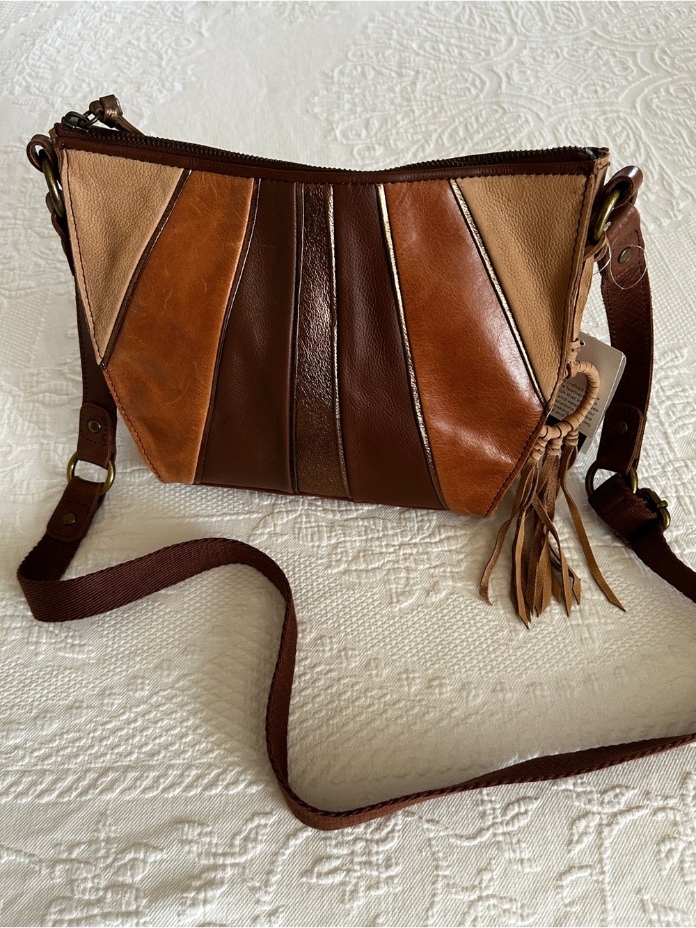 NWT The Sak Brown Gold Sunburst Patch Leather Crossbody Shoulder Bag